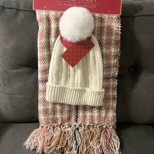 Nine West Cream Knit Beanie and Plaid Scarf Set